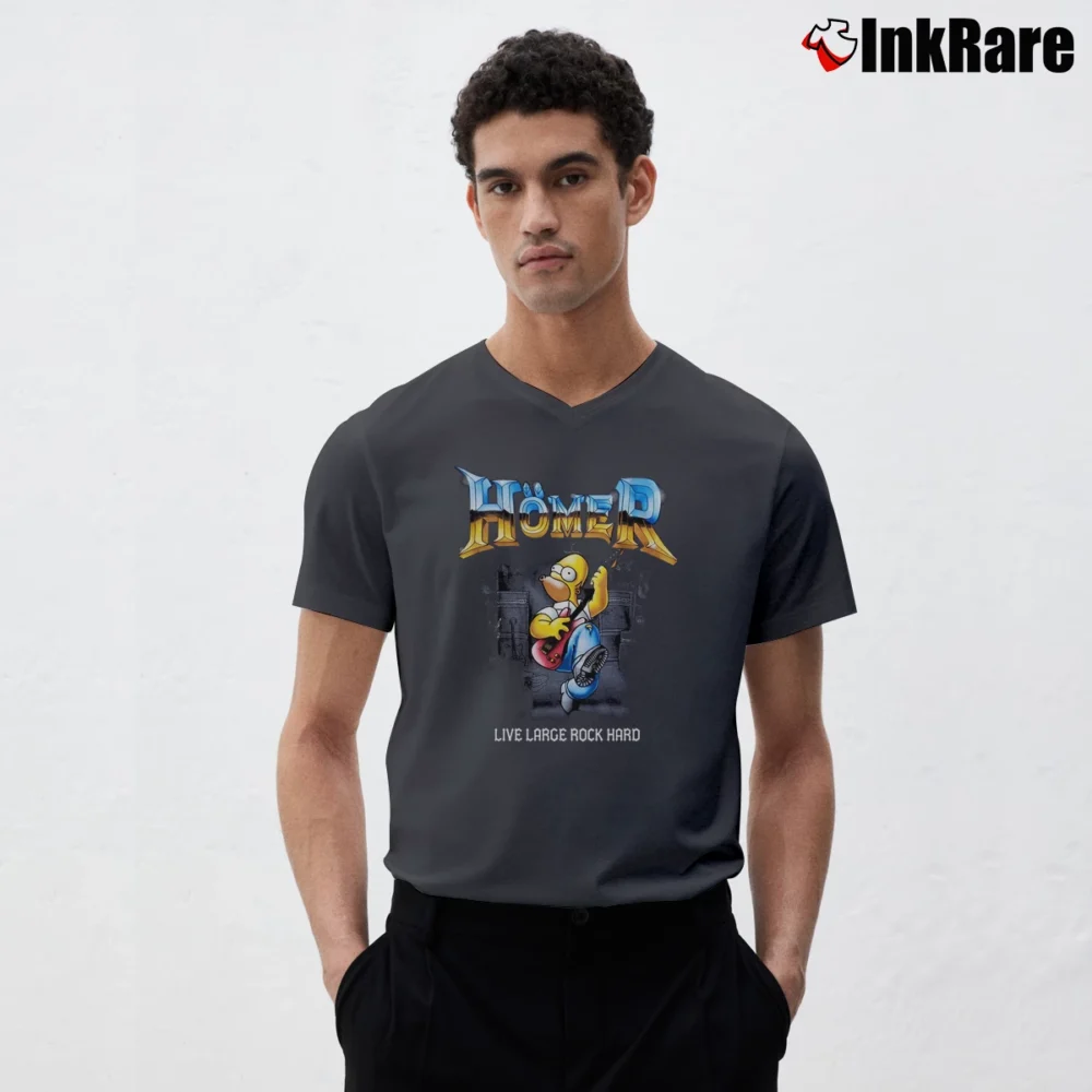 Men’s VTG DELTA 2005 THE SIMPSONS Homer Simpson AC/DC Live Large Rock Hard V-Neck Tee in charcoal | Sharp, Breathable, Everyday Staple
