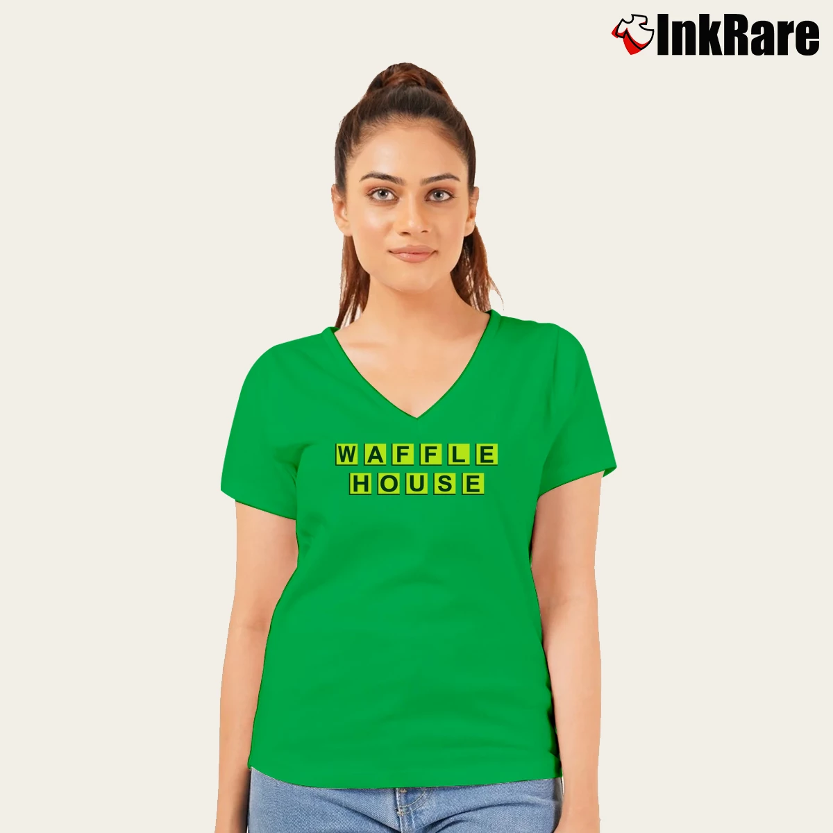 Waffle House Logo Women’s V-Neck Tee in irish green – Flattering Fit Women’s Waffle House Logo V-Neck Tee in irish green | Chic Neckline, Soft Texture