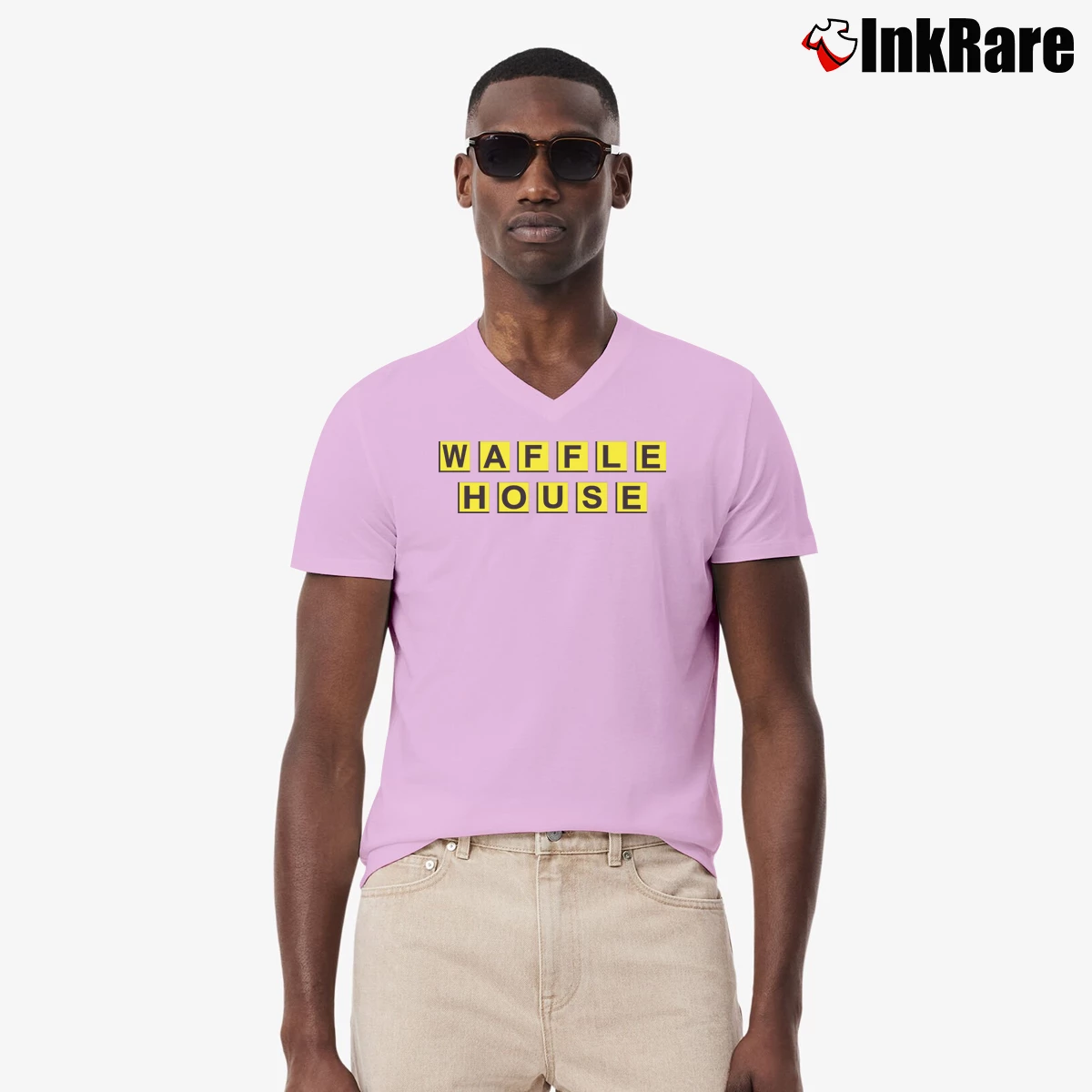 Waffle House Logo Men’s V-Neck Tee in light pink – Modern Essential Men’s Waffle House Logo V-Neck Tee in light pink | Sharp, Breathable, Everyday Staple