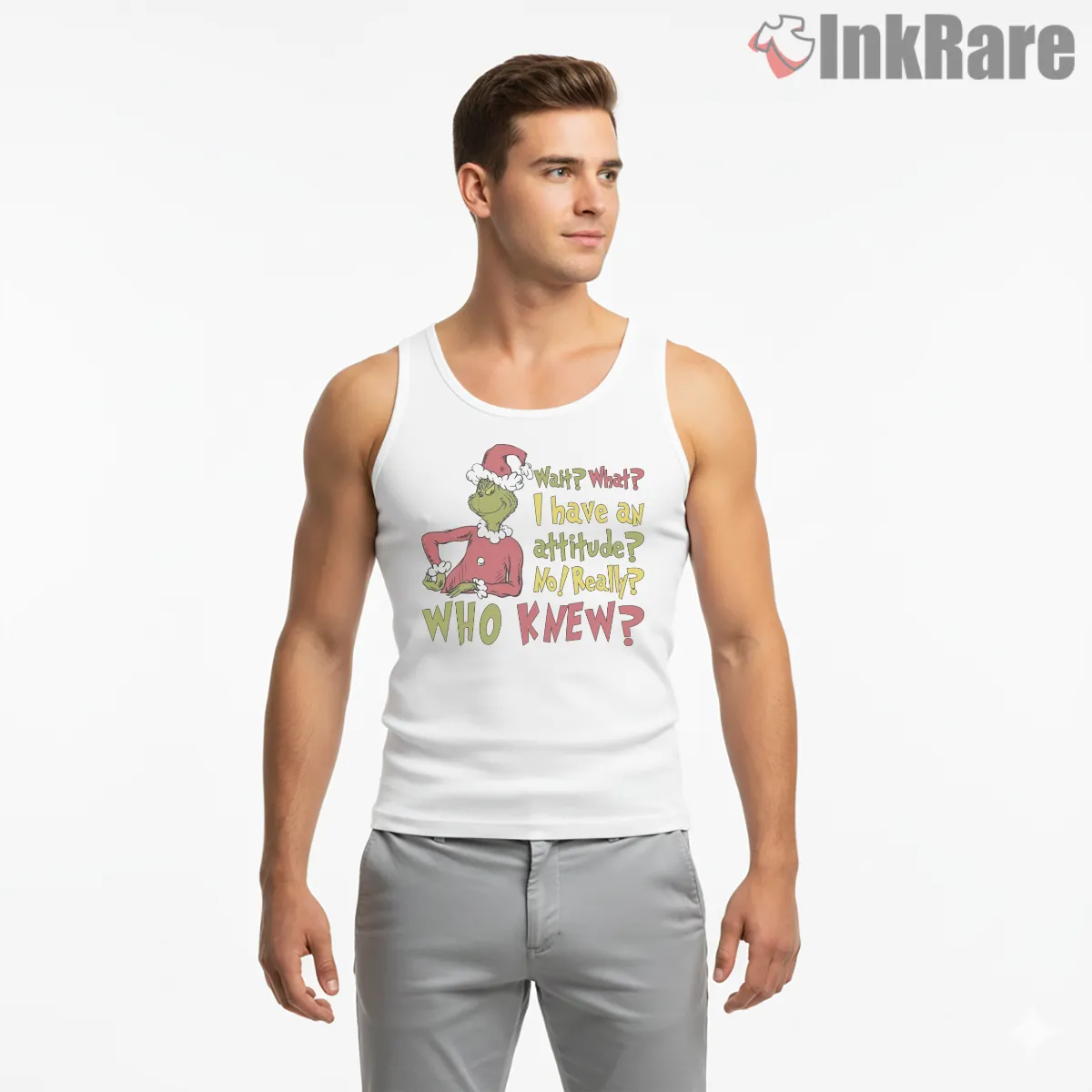 Wait What I Have An Attitude Funny Santa Grinchmas Tank Top White Wait What I Have An Attitude Funny Santa Grinchmas Shirt on white tank top for men graphic tee