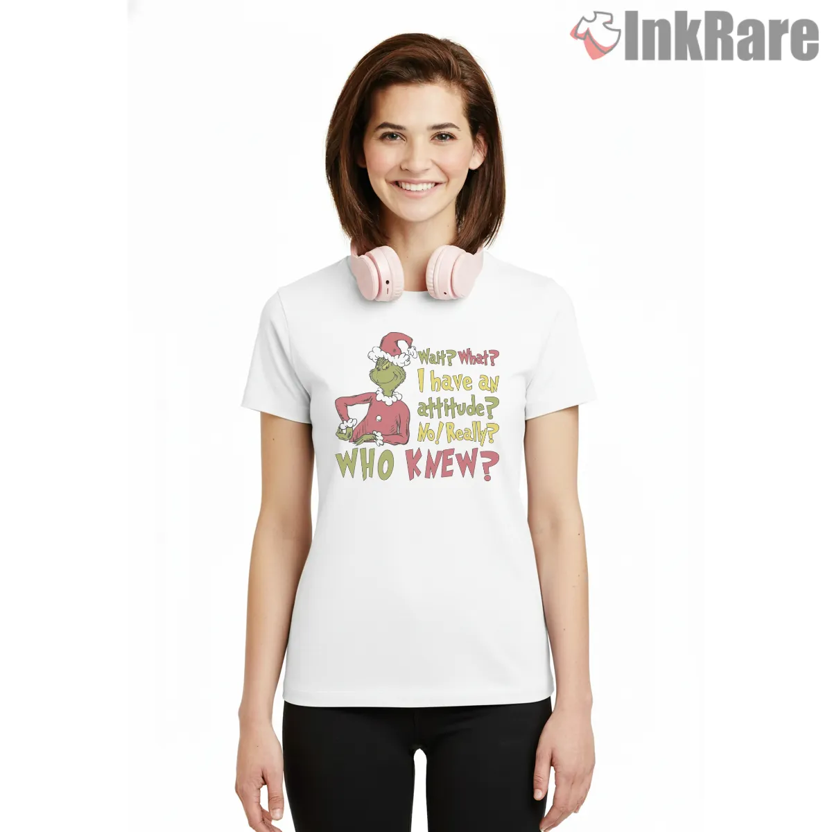 Wait What I Have An Attitude Funny Santa Grinchmas Short Sleeve White Wait What I Have An Attitude Funny Santa Grinchmas Shirt on white short sleeve shirt for women graphic tee