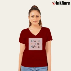 Women’s Walk The Moon Arrow Logo V-Neck Tee in maroon | Chic Neckline, Soft Texture