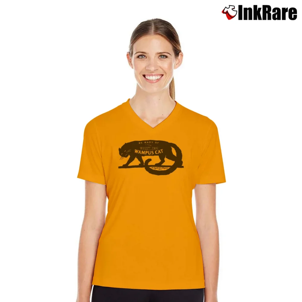 Women’s Wampus Beast Cat Graphic V-Neck Tee in orange | Chic Neckline, Soft Texture