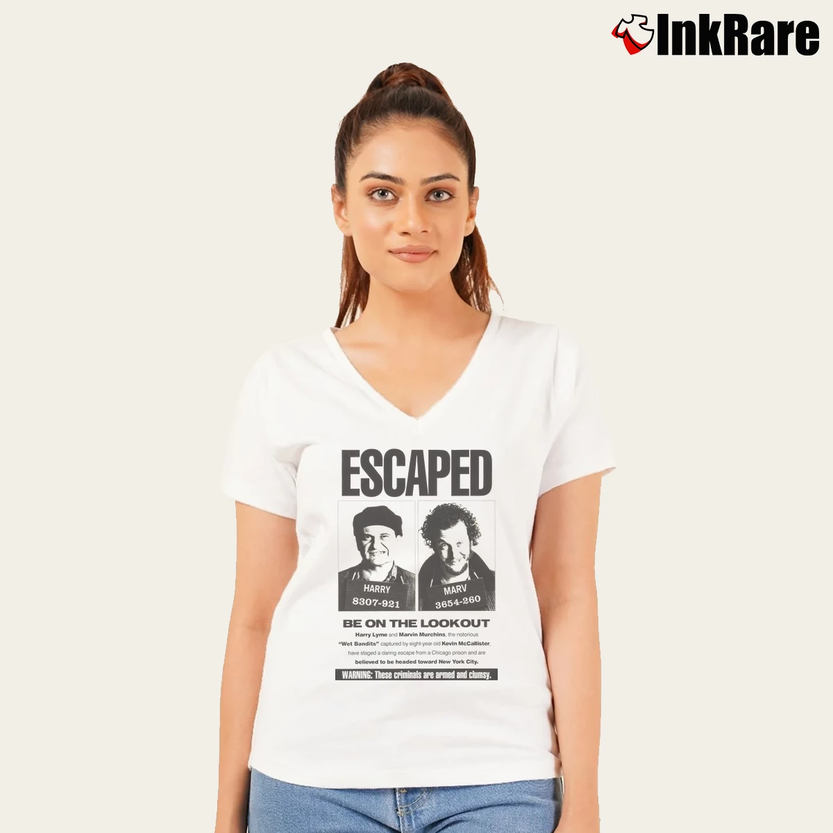 Wanted Home Alone Wet Bandits Women’s V-Neck Tee in white – Flattering Fit Women’s Wanted Home Alone Wet Bandits V-Neck Tee in white | Chic Neckline, Soft Texture
