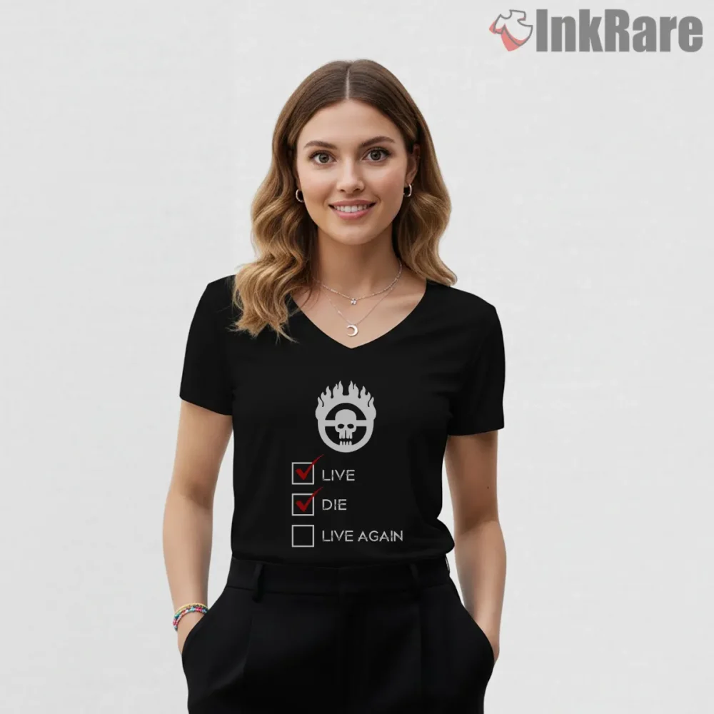 War Boy Live Die Live Again Checklist Graphic Shirt on black v-neck shirt for women graphic tee