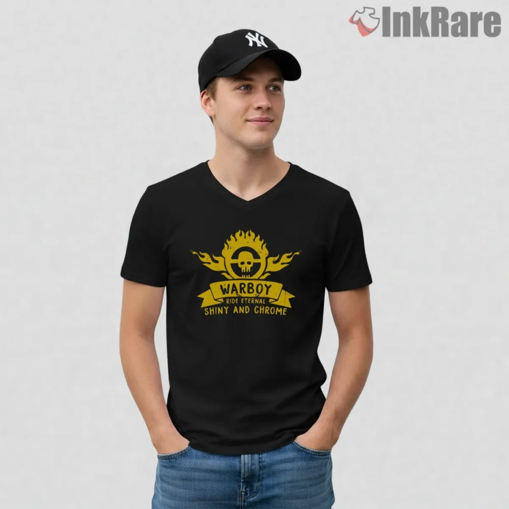 War Boy Ride Eternal Shiny And Chrome Emblem Shirt on black v-neck shirt for men graphic tee