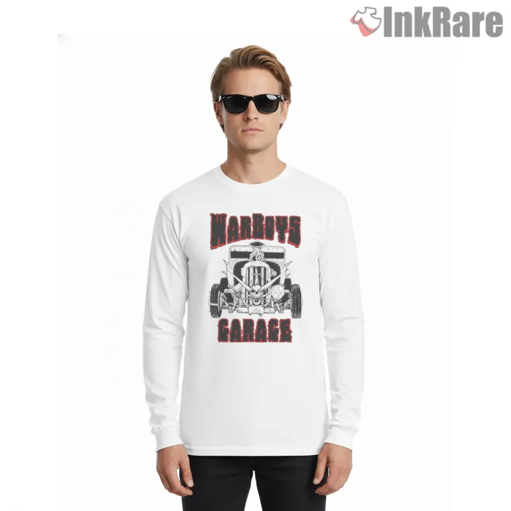War Boys Garage Custom Hot Rod Engine Mad Max Shirt on white long sleeve shirt for men graphic tee