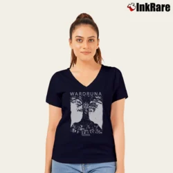 Women’s Wardruna Yggdrasil Mythic Symbol V-Neck Tee in navy | Chic Neckline, Soft Texture