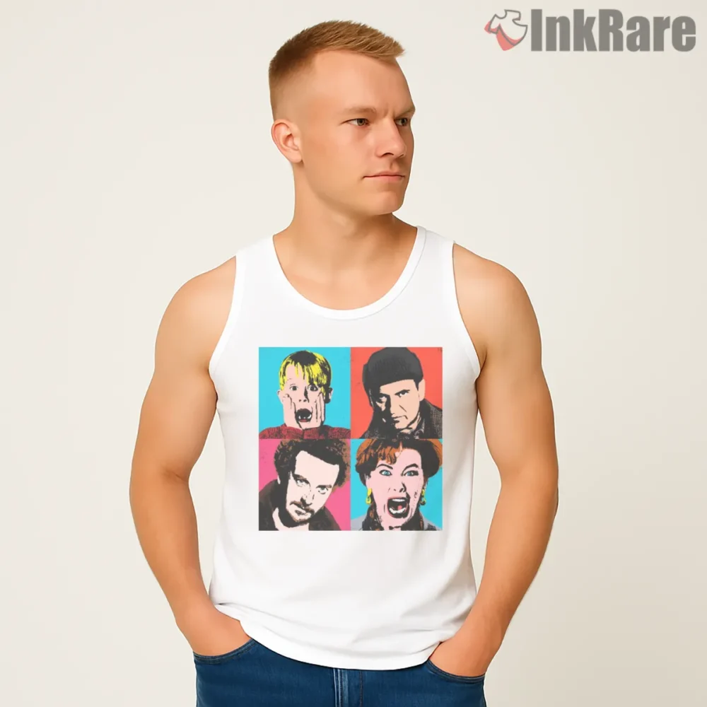 Warhol Style Home Alone Character Grid Shirt on white tank top for men graphic tee