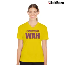 Women’s Wario Voice WAH Parody V-Neck Tee in yellow | Chic Neckline, Soft Texture