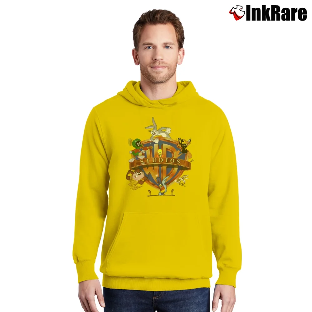 Men’s Warner Bros Looney Tunes Big Logo Cartoon Pullover Hoodie in yellow | Cozy, Durable, Modern Fit