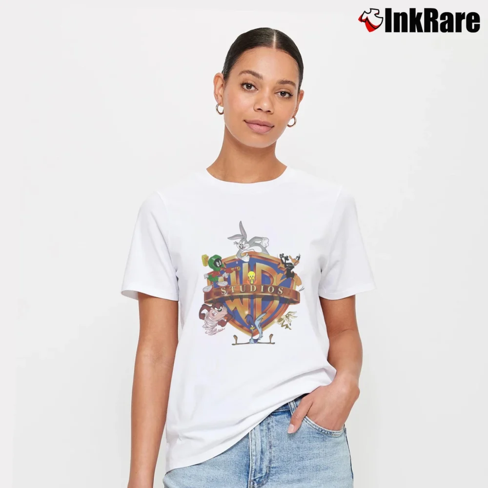 Women’s Warner Bros Looney Tunes Big Logo Cartoon Signature T-Shirt in white | Soft, Flattering Fit