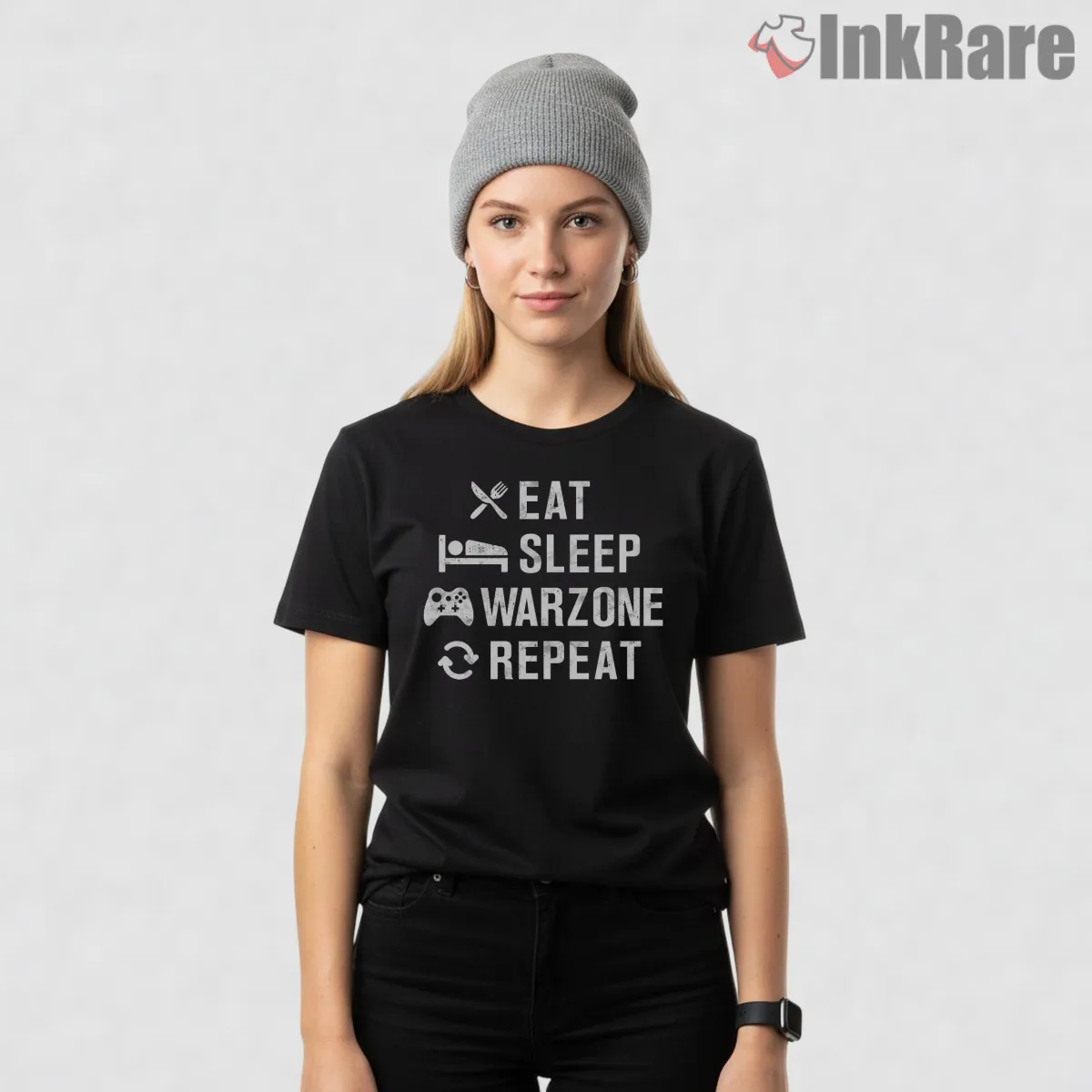 Warzone Eat Sleep Repeat Gamer Lifestyle Short Sleeve Black Warzone Eat Sleep Repeat Gamer Lifestyle Shirt on black short sleeve shirt for women graphic tee