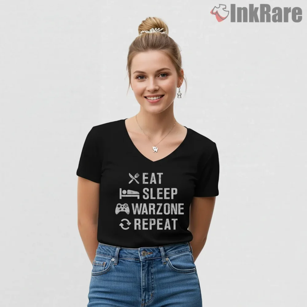 Warzone Eat Sleep Repeat Gamer Lifestyle Shirt on black v-neck shirt for women graphic tee