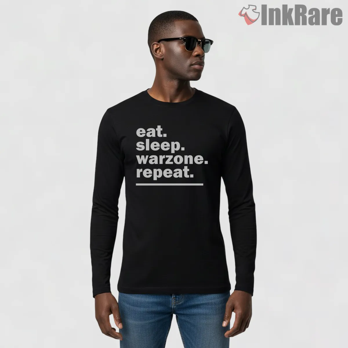 Warzone Eat Sleep Repeat Minimal Gamer Shirt on black long sleeve shirt for men graphic tee