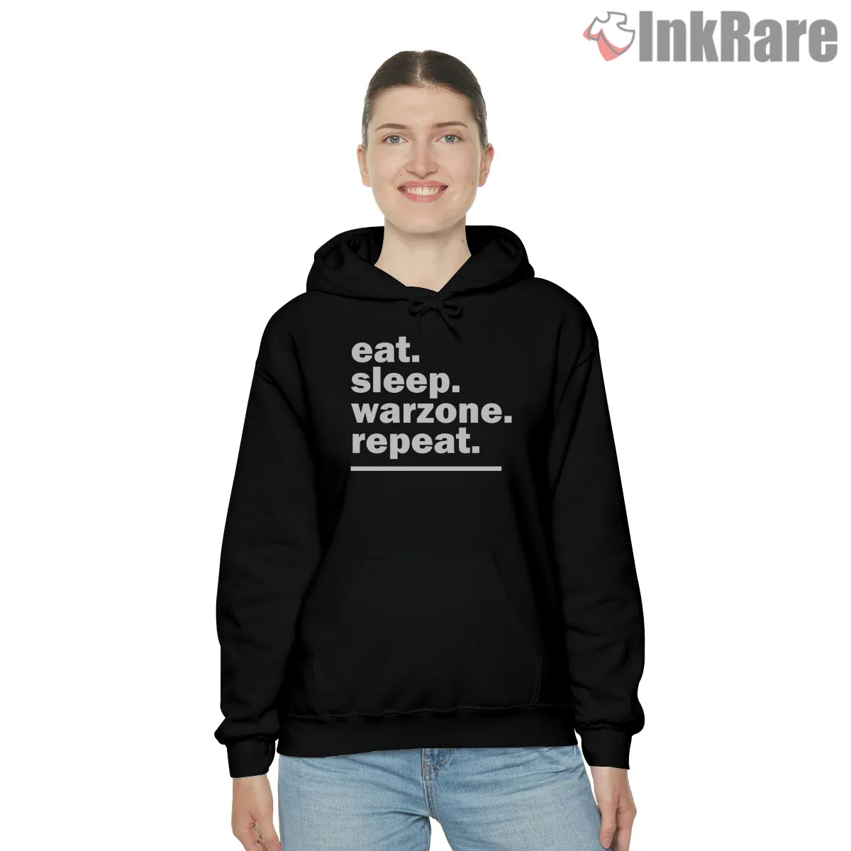 Warzone Eat Sleep Repeat Minimal Gamer Hoodie Black Warzone Eat Sleep Repeat Minimal Gamer Shirt on black hoodie for women graphic tee