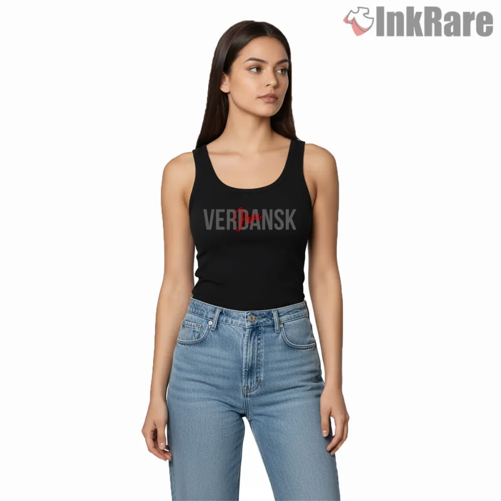 Warzone Free Verdansk Minimal Red Typography Shirt on black tank top for women graphic tee