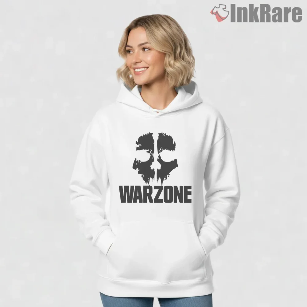 Warzone Ghost Skull Minimal Squad Shirt on white hoodie for women graphic tee