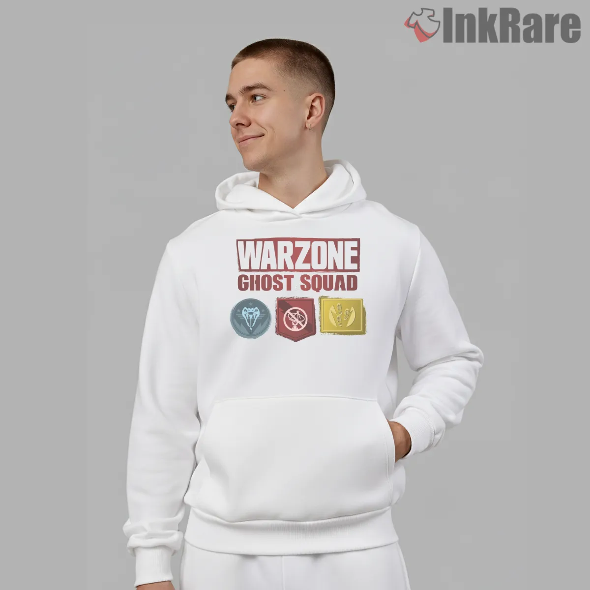 Warzone Ghost Squad Perks Badge Emblem Shirt on white hoodie for men graphic tee