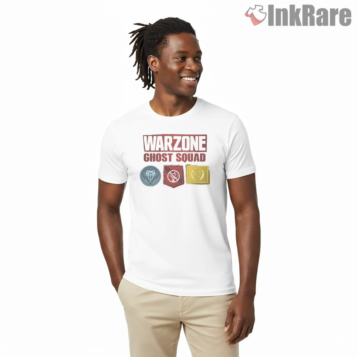 Warzone Ghost Squad Perks Badge Emblem Short Sleeve White Warzone Ghost Squad Perks Badge Emblem Shirt on white short sleeve shirt for men graphic tee