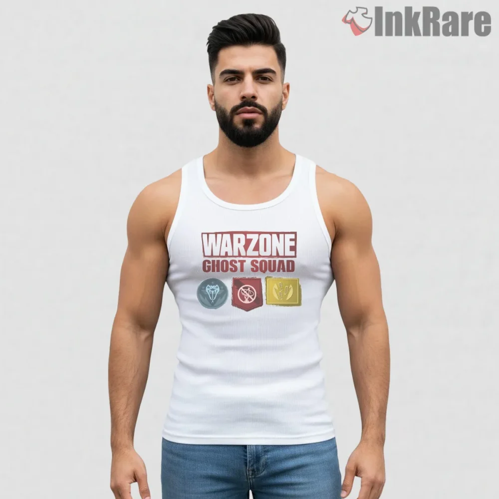 Warzone Ghost Squad Perks Badge Emblem Shirt on white tank top for men graphic tee