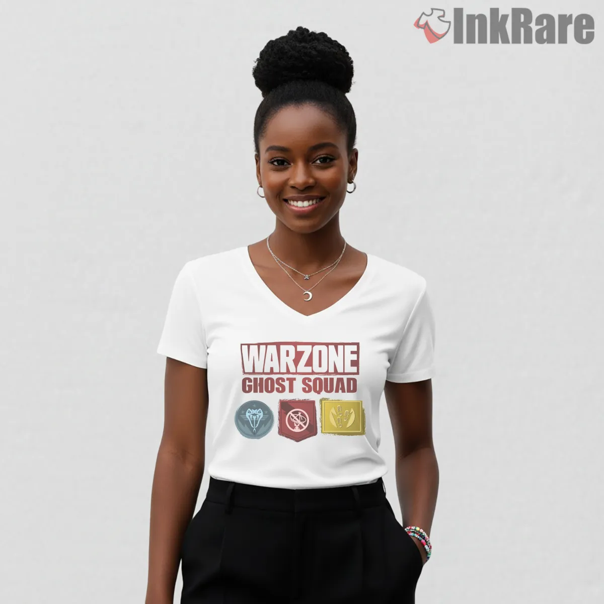 Warzone Ghost Squad Perks Badge Emblem V Neck White Warzone Ghost Squad Perks Badge Emblem Shirt on white v-neck shirt for women graphic tee