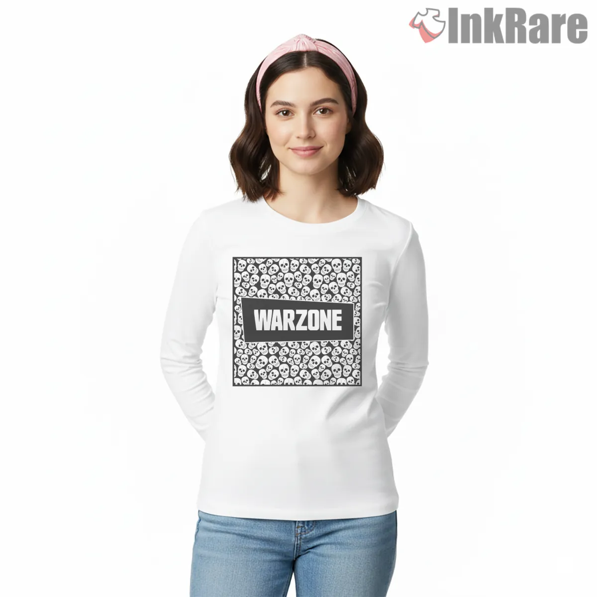 Warzone Skull Pattern All Over Graphic Long Sleeve White Warzone Skull Pattern All Over Graphic Shirt on white long sleeve shirt for women graphic tee