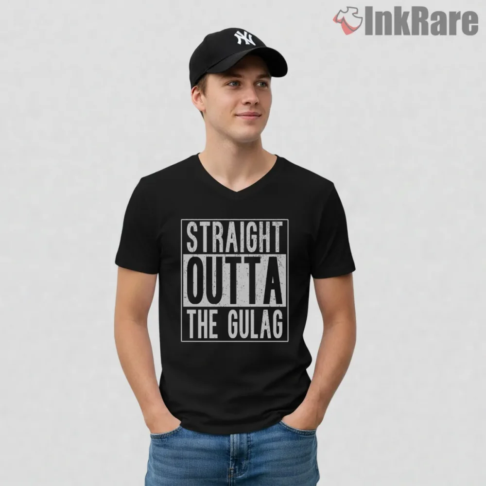 Warzone Straight Outta The Gulag Street Parody Shirt on black v-neck shirt for men graphic tee