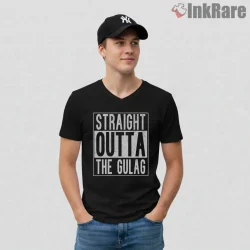 Warzone Straight Outta The Gulag Street Parody Shirt on black v-neck shirt for men graphic tee