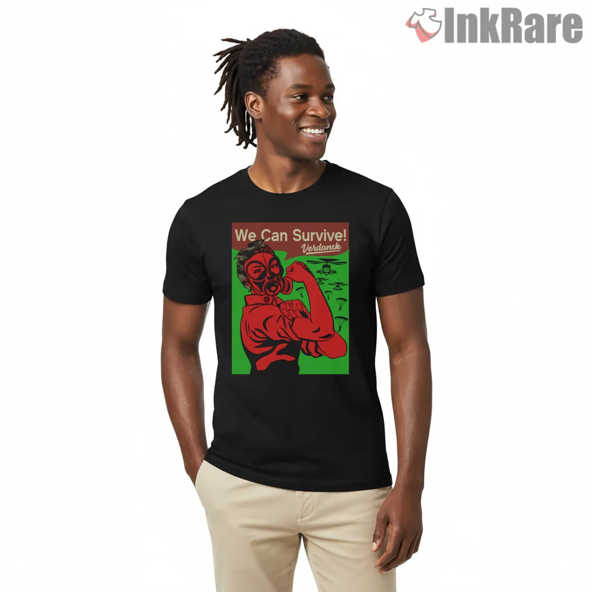 Warzone We Can Survive Verdansk Vintage Poster Shirt on black short sleeve shirt for men graphic tee