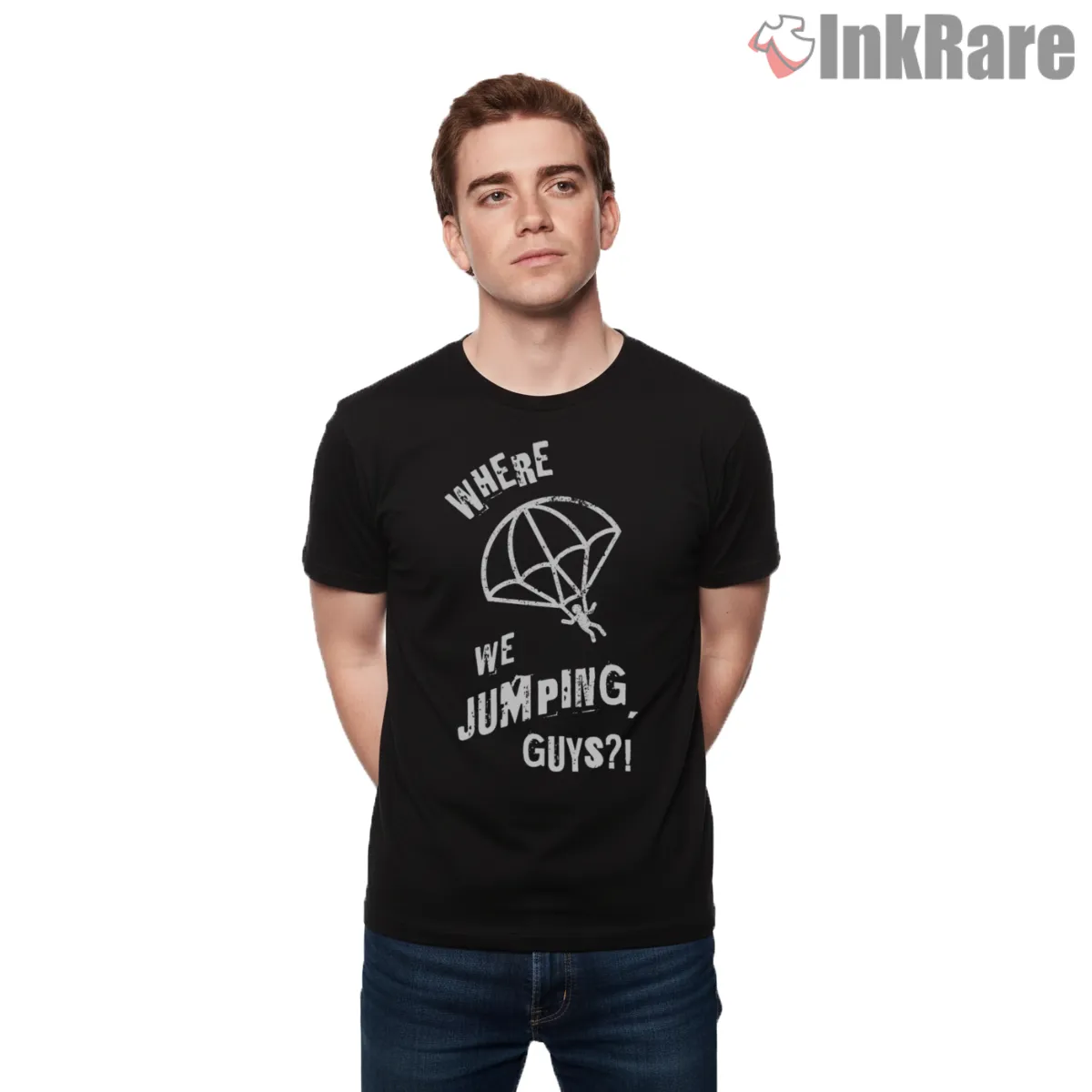 Warzone Where We Dropping Squad Parachute Shirt on black short sleeve shirt for men graphic tee