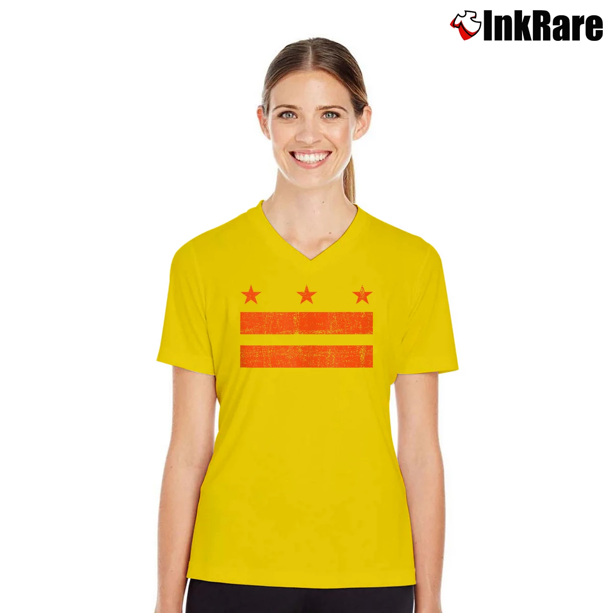 Women’s Washington D.c. Distressed Flag V-Neck Tee in yellow | Chic Neckline, Soft Texture