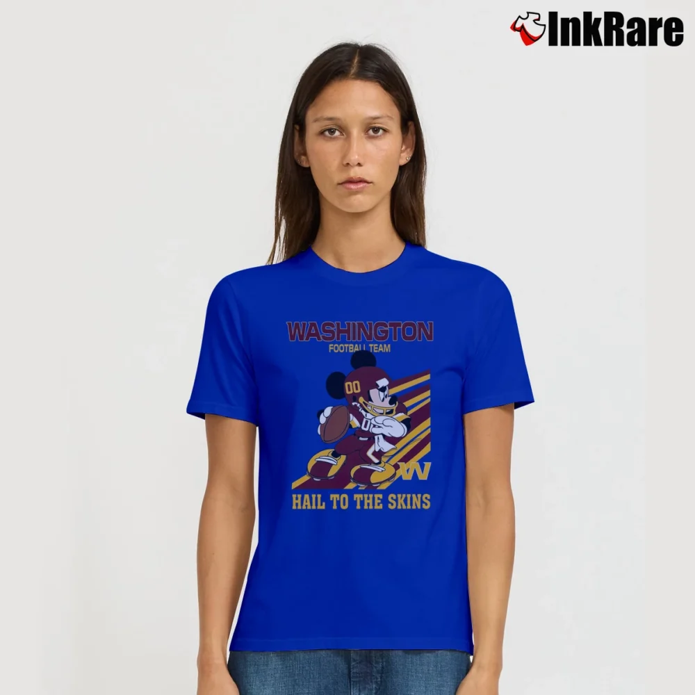 Women’s Washington Football Team Mickey Mouse Hail To The Skins Slogan Signature T-Shirt in royal blue | Soft, Flattering Fit