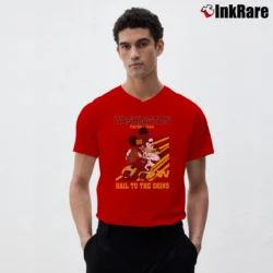 Men’s Washington Football Team Mickey Mouse Hail To The Skins Slogan V-Neck Tee in red | Sharp, Breathable, Everyday Staple