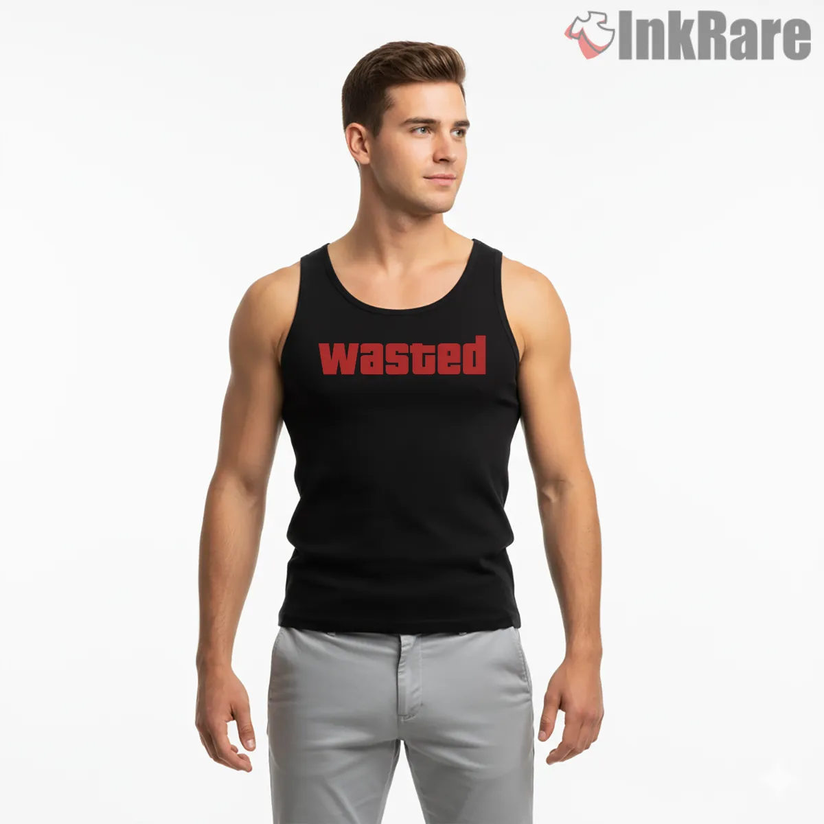 Wasted Bold Red Game Over Screen Gta Shirt on black tank top for men graphic tee