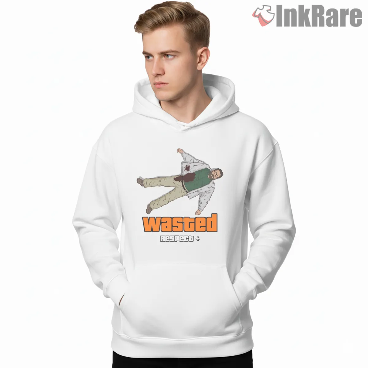 Wasted Respect Plus Game Over Character Scene Gta Shirt on white hoodie for men graphic tee