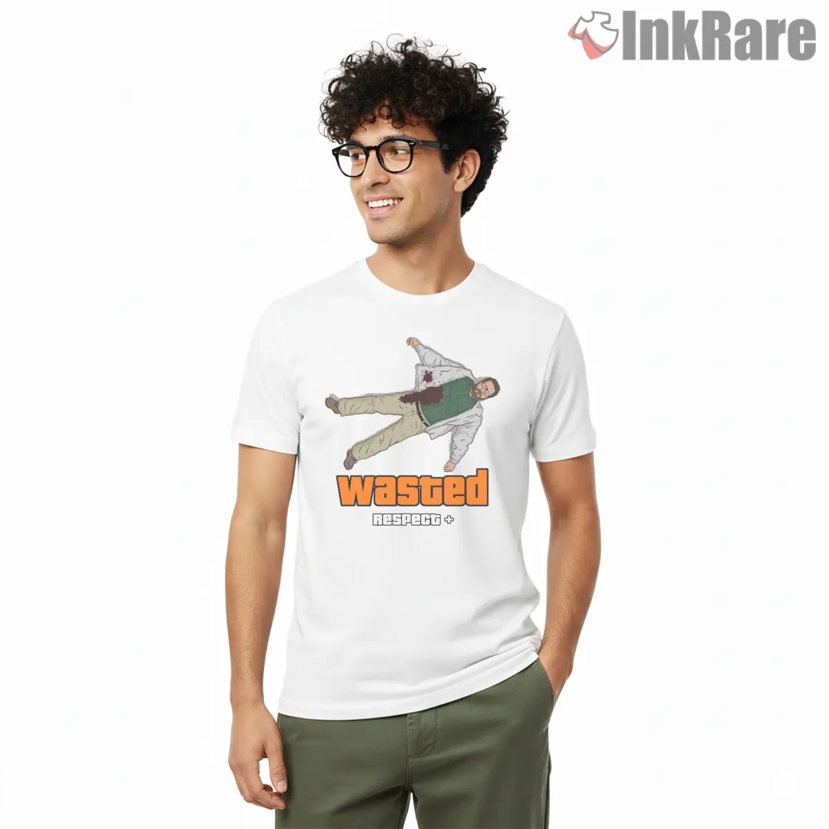 Wasted Respect Plus Game Over Character Scene Gta Short Sleeve White Wasted Respect Plus Game Over Character Scene Gta Shirt on white short sleeve shirt for men graphic tee