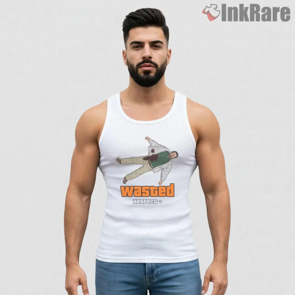 Wasted Respect Plus Game Over Character Scene Gta Shirt on white tank top for men graphic tee