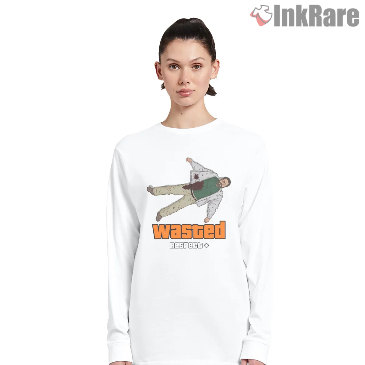 Wasted Respect Plus Game Over Character Scene Gta Long Sleeve White Wasted Respect Plus Game Over Character Scene Gta Shirt on white long sleeve shirt for women graphic tee