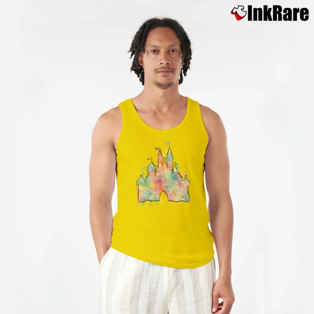 Men’s Watercolor Disney Castle Tinkerbell Disney Tank Top in yellow | Breathable, Active-Friendly Design