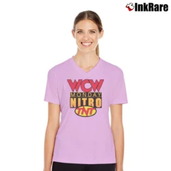 Women’s WCW Monday Nitro TNT V-Neck Tee in light pink | Chic Neckline, Soft Texture