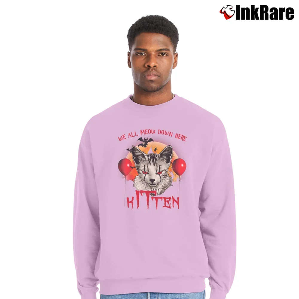 Men’s We All Meow Down Here Clown Cat Kitten Halloween Crewneck Sweatshirt in light pink | Cozy Fabric, Clean Style
