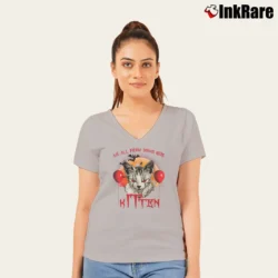 Women’s We All Meow Down Here Clown Cat Kitten Halloween V-Neck Tee in sport grey | Chic Neckline, Soft Texture