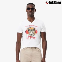 Men’s We All Meow Down Here Clown Cat Kitten Halloween V-Neck Tee in white | Sharp, Breathable, Everyday Staple