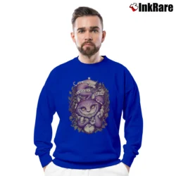 Men’s We Are All Mad Here Cheshire Cat Alice In Wonderland Crewneck Sweatshirt in royal blue | Cozy Fabric, Clean Style