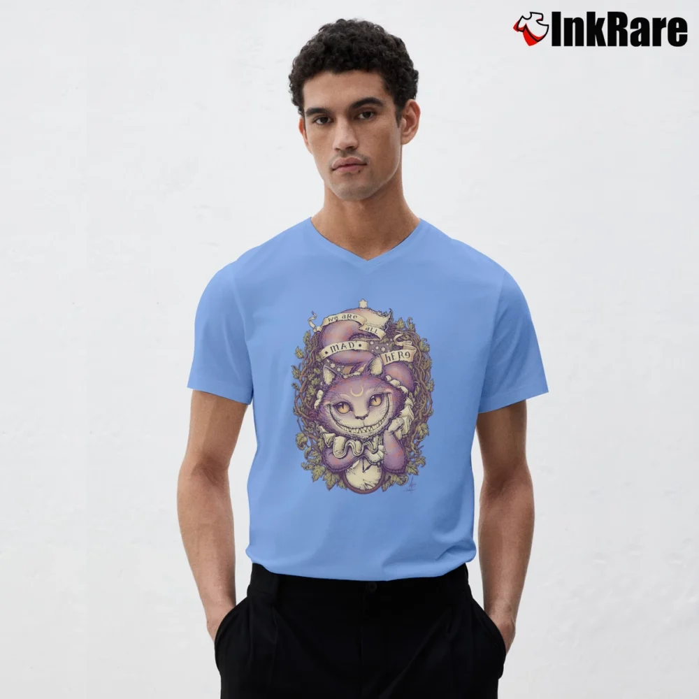 Men’s We Are All Mad Here Cheshire Cat Alice In Wonderland V-Neck Tee in light blue | Sharp, Breathable, Everyday Staple