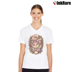 Women’s We Are All Mad Here Cheshire Cat Alice In Wonderland V-Neck Tee in white | Chic Neckline, Soft Texture