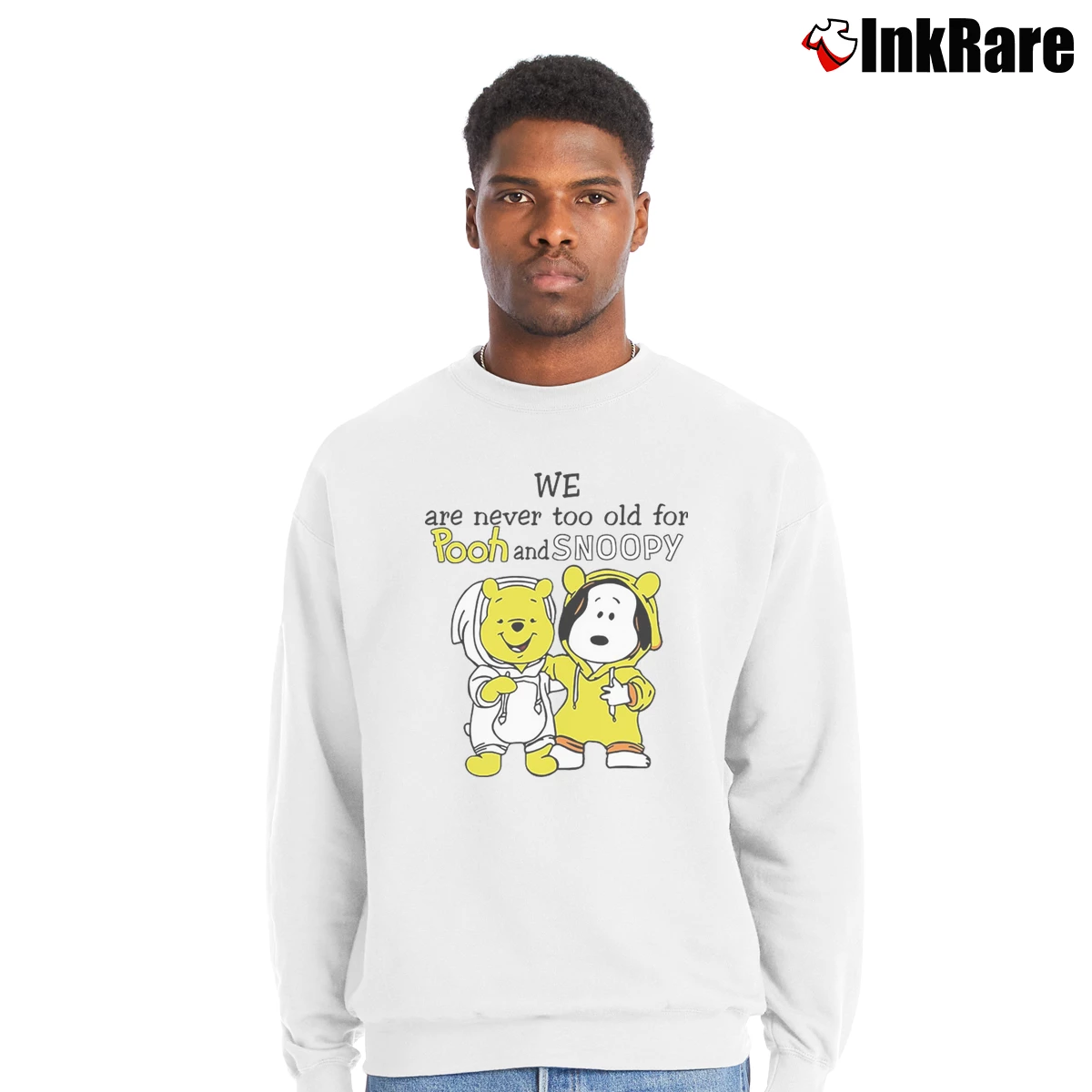 We Are Never Too Old For Pooh And Snoopy Men’s Crewneck Sweatshirt in white – Soft & Durable Men’s We Are Never Too Old For Pooh And Snoopy Crewneck Sweatshirt in white | Cozy Fabric, Clean Style