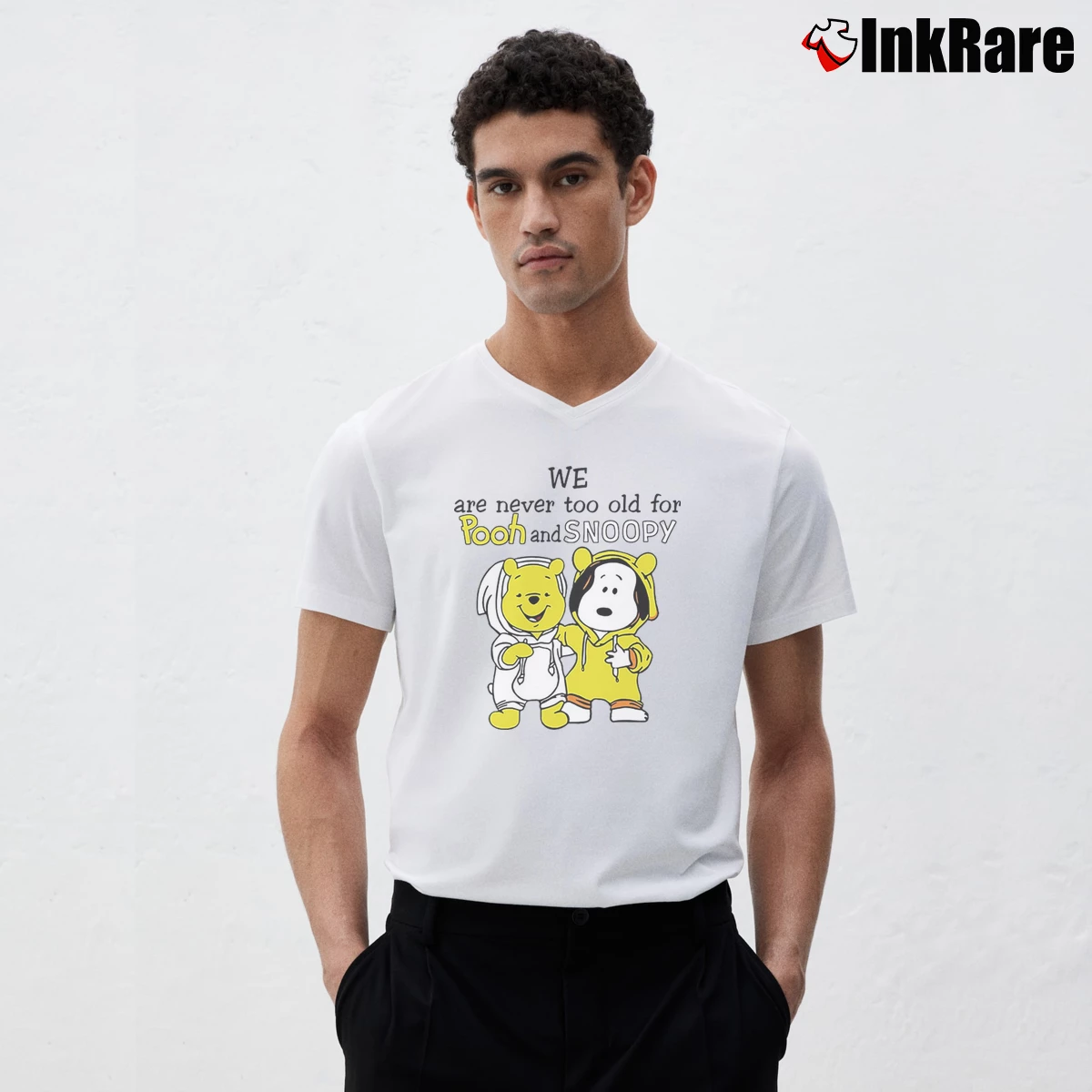 We Are Never Too Old For Pooh And Snoopy Men’s V-Neck Tee in white – Modern Essential Men’s We Are Never Too Old For Pooh And Snoopy V-Neck Tee in white | Sharp, Breathable, Everyday Staple