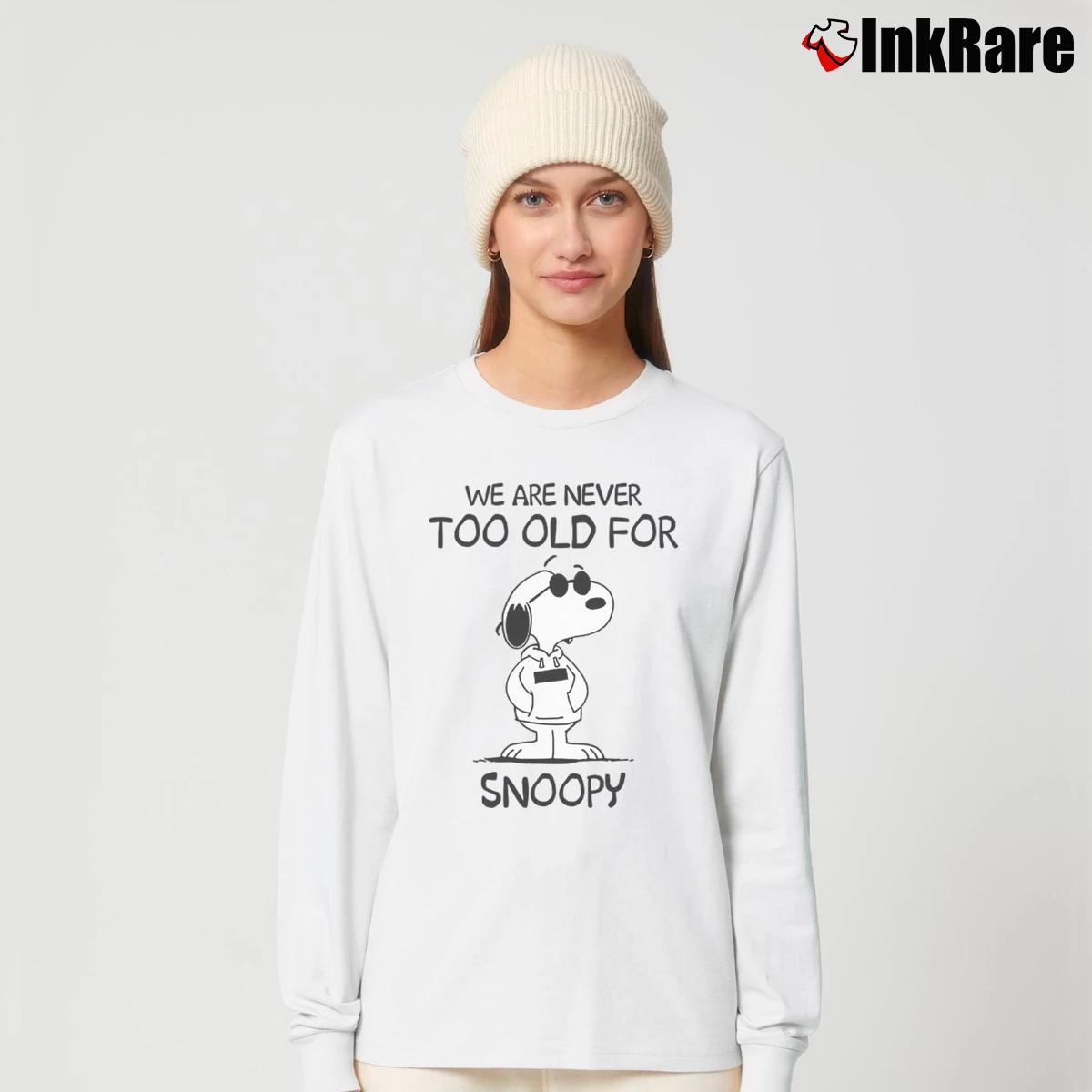 We Are Never Too Old For Snoopy Women’s Long-Sleeve Top in white – Effortless Layer Women’s We Are Never Too Old For Snoopy Long-Sleeve Top in white | Sleek, Versatile, All-Season